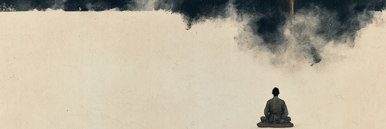 Korean ink-wash painting on aged hanji paper of one small figure seated cross-legged on a floor cushion, seen from behind, on a wide expanse of blank cream paper, with a band of star-filled night sky above, dark ink clouds spilling down from it, and a single thin thread of pale gold light descending through the clouds