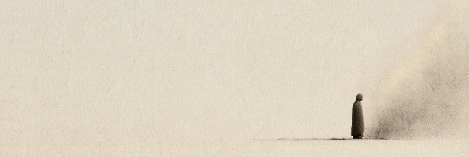 Korean ink-wash painting on aged hanji paper of a small featureless clay figure standing alone on a faint ground line, a soft beam of pale gold light falling from the upper right, and a cloud of drifting ink dust rising beside the figure where the light comes down, placed in the right third of the paper and the left two thirds left empty, no face, no mirror, no weapon