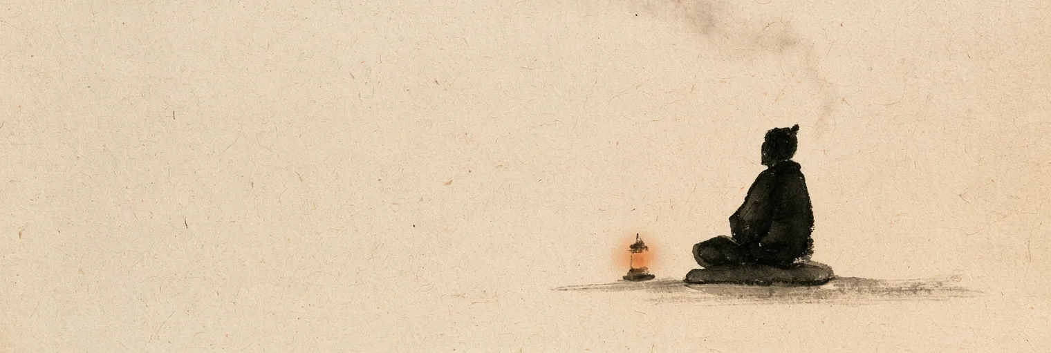 Korean ink-wash painting on aged hanji paper of one small figure seated cross-legged on a floor cushion, seen from behind, facing a bare wall in the right third of the sheet, a small paper lantern glowing faintly on the floor beside the figure, and a single wisp of pale ink mist drifting up and away from the figure and thinning into nothing, the left two thirds of the paper left empty in pale cream