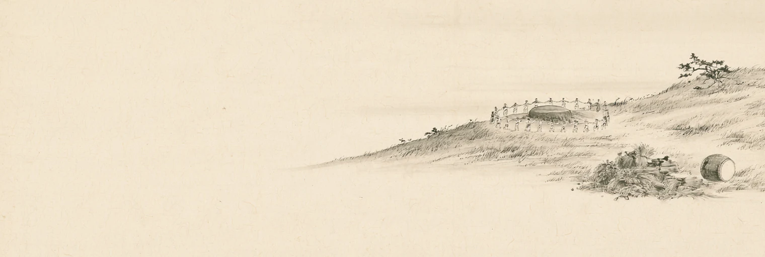 Korean ink-wash painting on aged hanji paper of a low round altar on a grassy ridge, encircled by a ring of very small human figures joining hands and dancing around it, with a windswept pine on the higher ground behind them, a large drum lying on its side on the slope below, and bundles of cut grain and offerings heaped beside it, under an empty pale sky, the whole scene placed in the right third of the paper and the left two thirds left blank