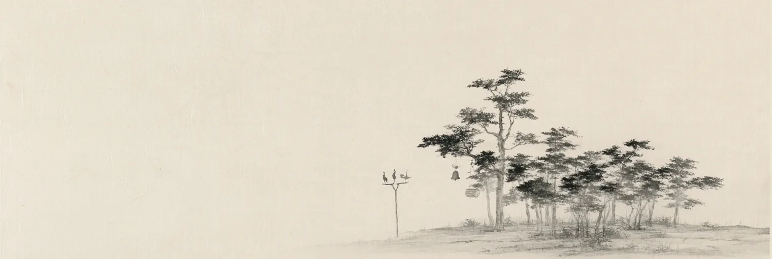 Korean ink-wash painting on aged hanji paper of a small grove on flat open ground with one tall old tree at its center, a small bronze bell and a small drum hanging from a lower branch, and at the edge of the grove a single thin wooden pole topped with three small carved birds, no people and no buildings, the grove and pole placed in the right third of the paper and the left two thirds left blank