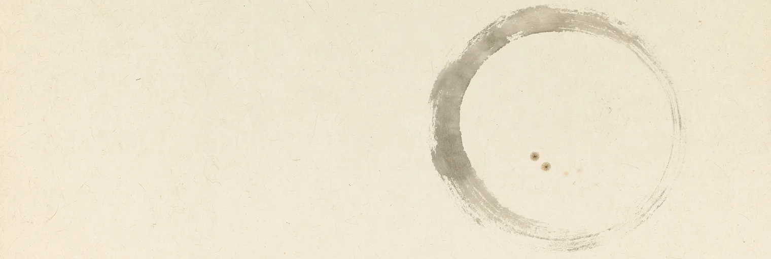 Korean ink-wash painting on hanji paper of one wide circle brushed in a single grey stroke, with three small ochre flecks resting quietly inside it