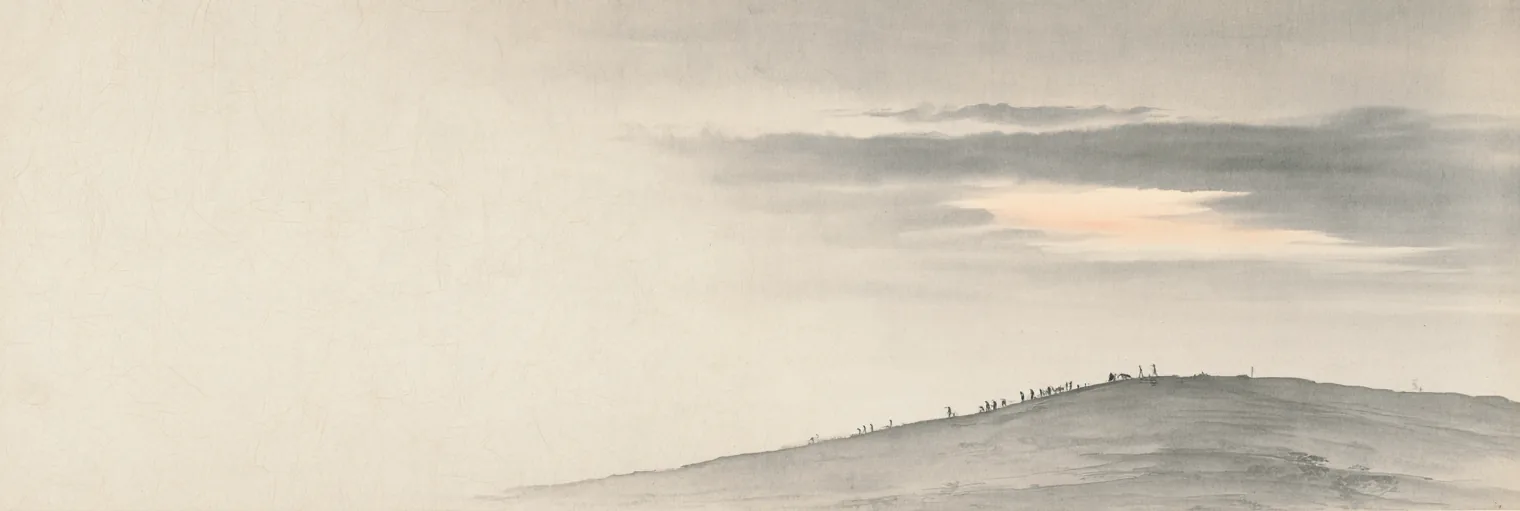 Korean ink-wash painting on aged hanji paper of a low mountain ridge at first light with a wide opening of clear pale sky breaking through layered cloud directly above it, and a thin line of very small figures walking up the ridge toward that opening, with no altar, no tree and no buildings anywhere in the scene, the ridge and figures placed in the right third of the paper and the left two thirds left blank