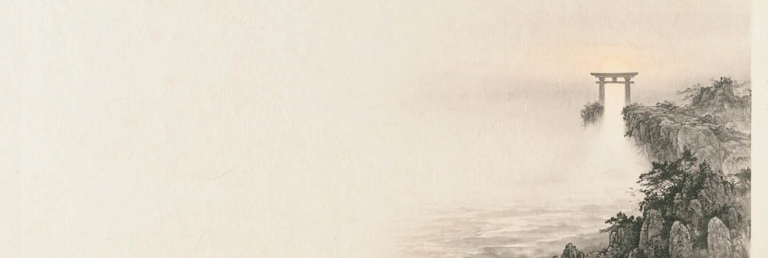 Korean ink-wash painting on hanji paper of an open stone gateway standing at the edge of a cliff above a misty sea, with no wall on either side of it, the pale rising sun showing directly through its opening and its light spilling down the rock face below