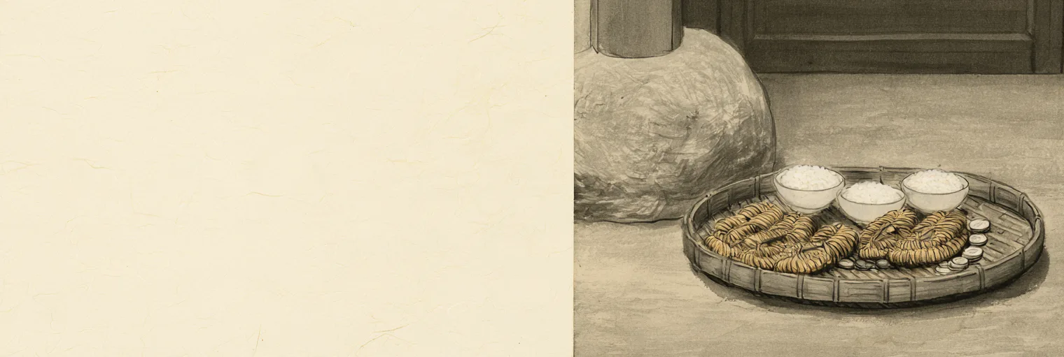 Korean ink-wash painting on aged hanji paper of a round wicker tray set on the ground beside the stone base of a closed wooden gate, holding three small bowls of rice, three pairs of straw sandals, and a scatter of small coins, placed in the right third of the paper and the left two thirds left empty, no people, no faces, no hat, no figure in black