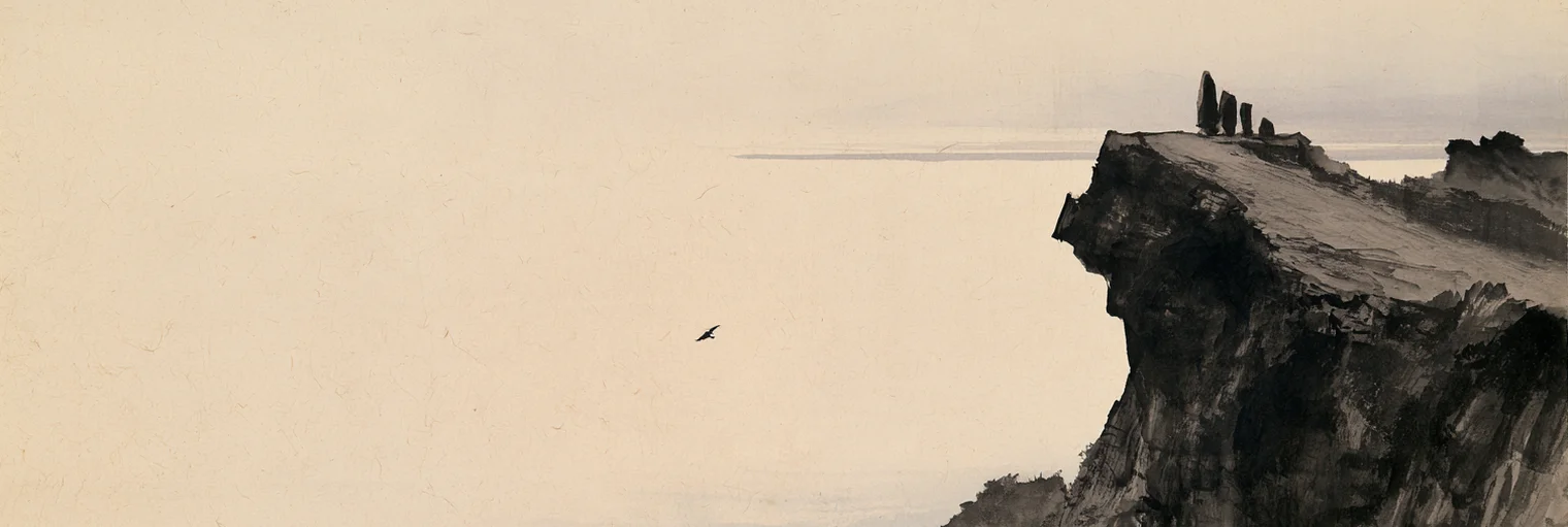 Korean ink-wash painting on aged hanji paper of a dark, rugged rocky cliff rising on the right, with four weathered standing stones of different heights on its flat crest facing a thin pale line of distant sea, and a single small bird flying out over the wide open space below the cliff, no people and no buildings, almost all of the paper to the left left empty in pale cream mist